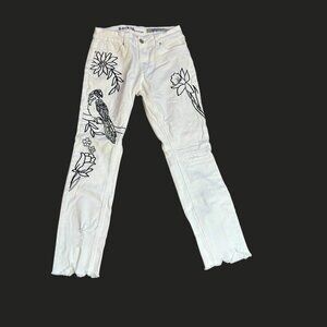 Rocks & Indigo Raw Hem White Skinny Parrot Embroidered Jeans Size 10/29
